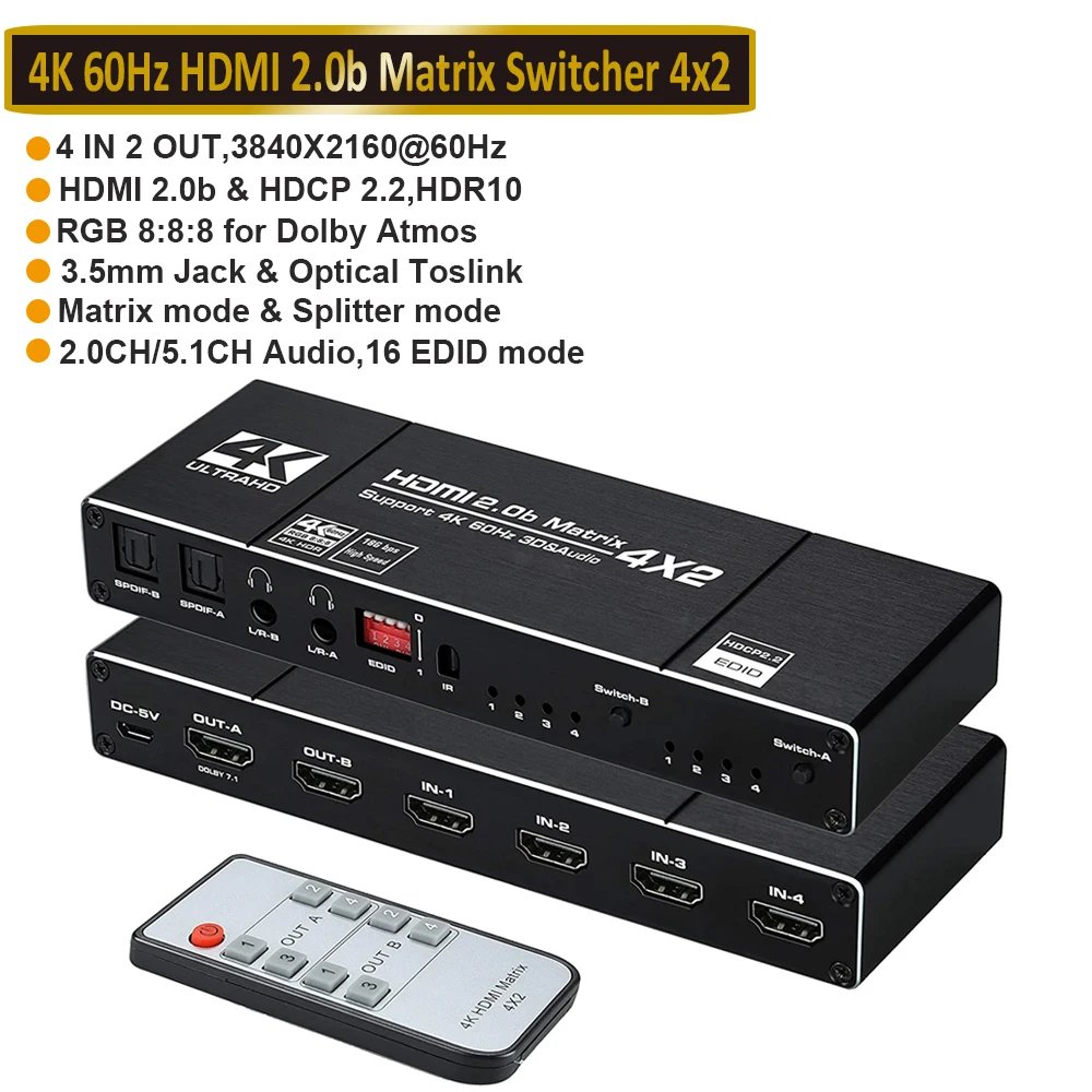 2023 4x2 HDMI Matrix Switch Splitter 4 In 2 Out 2 In 2 Out with SPDIF L/R 3.5mm HDR HDMI-compatible Switch ARC 4K@60Hz for PS5