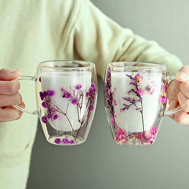 1PC INS Trends High Borosilicate Glass Tea Coffee Cup Floral Dry Flowers Cup Simple Heat Resistant Double Wall Glass Cup