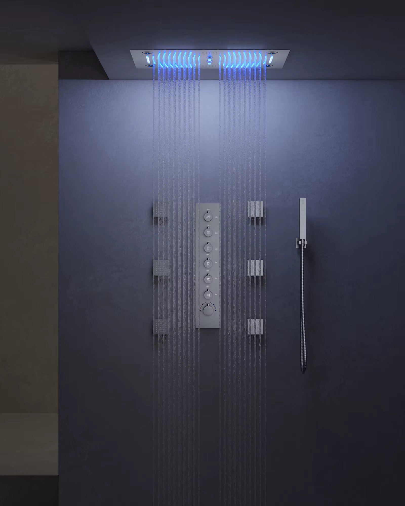 EVERSTEIN LED Thermostatic Bathroom Shower System Muti Functions Celling Mount Shower Head Faucet Set with Handheld & Side Jets