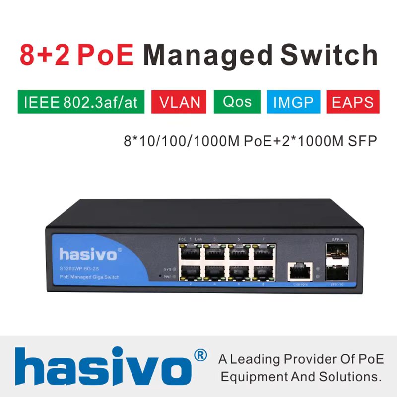 8 Port 10/100/1000Mbps PoE Ethernet Switch Managed Switch With 2 Gigabit SFP Slots IGMP VLAN Management PoE Switch