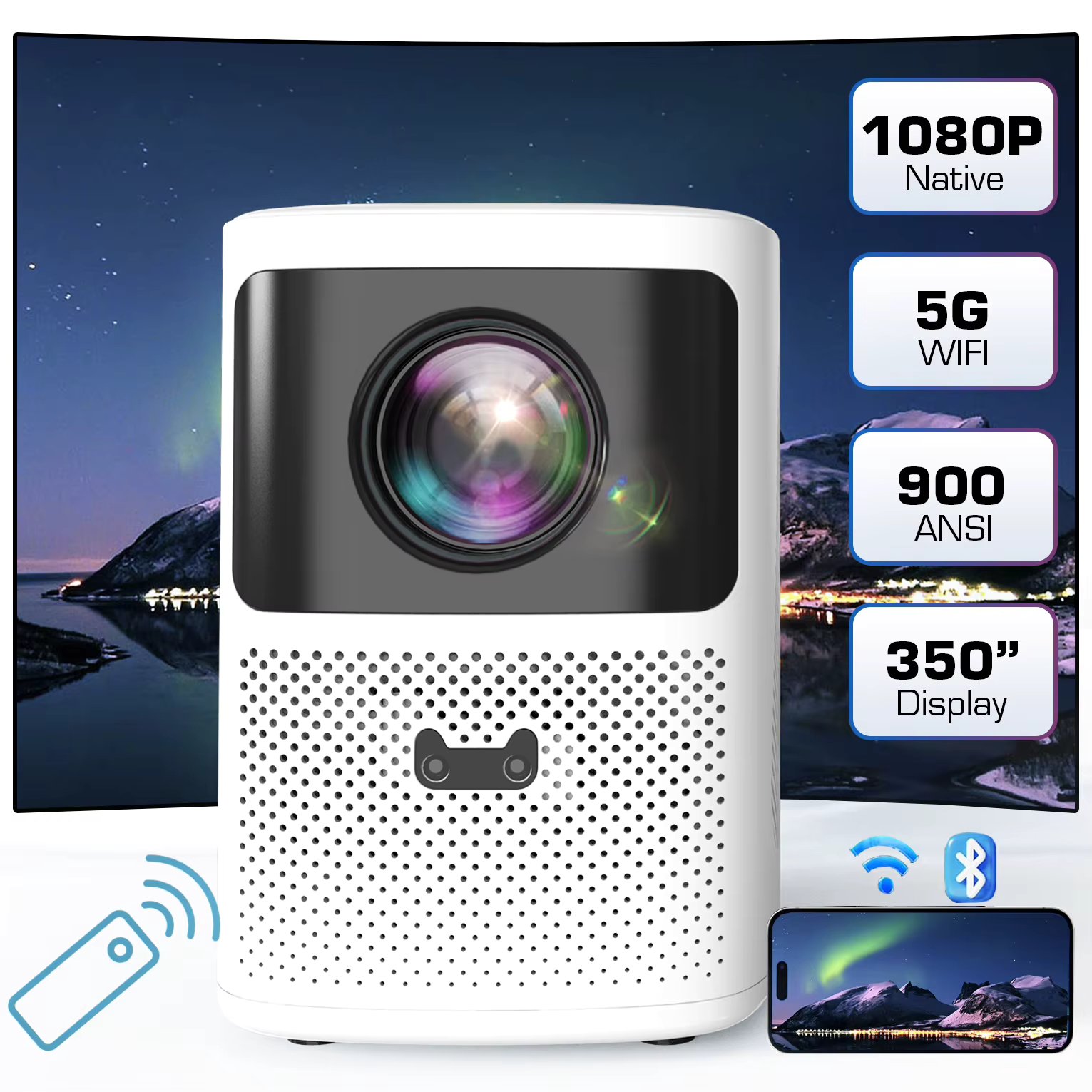 EGOBAS 1080P 900ANSI 4K Android Projector with WiFi and Bluetooth, Auto Focus WiFi6 Home Video Movie Portable Projector Phone