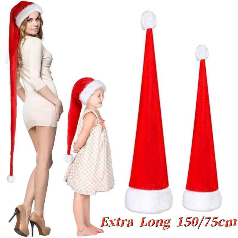 75/150cm Novelty Extra Long Christmas Hat 2024 Christmas Parent-Child Dress up Single Layer Red Velvet Fabric Party Beanies Hat