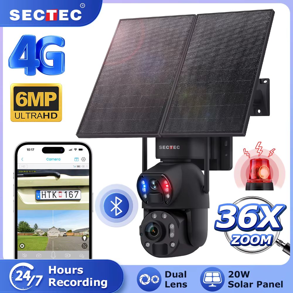 SECTEC 6MP 36x Zoom 20W Solar Battery Camera Red Blue Alarm Floodlight PTZ Camera 4G Surveillance Outdoor Camera Solar Cameras