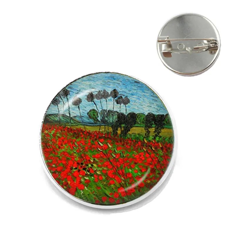 Retro Van Gogh Art Starry Night Sunflower Brooches 20mm Glass Cabochon Dome Jewelry School Bag Bronze Brooch Pins For Women Men