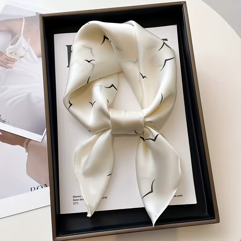 27.5" Simple Seagull Printed Square Scarf Stylish Imitation Silk Satin Shawl Spring Autumn Thin Sunscreen Headscarf For Women