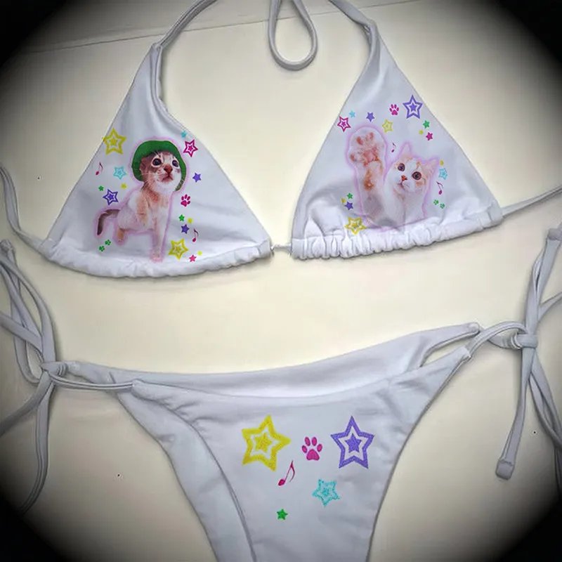 Sexy Women Jesus Y2k Graphic Swimwear Bikini Set Bra Tie Side G-String Thong Beach e Suit Swimsuit Bathing Suit Swimming Suit