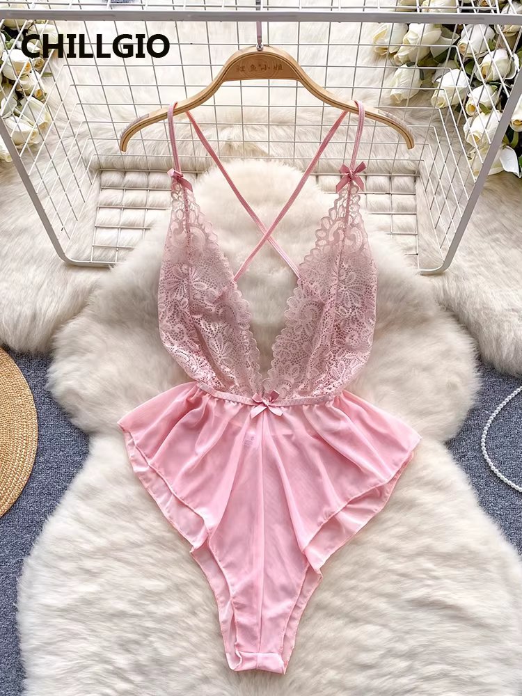 CHILLGIO Women Floral Lace Mesh Strappy Bodysuit Fashion Erotic Hollow Sexy Catsuit One Piece Tights Transparent Onesie Lingerie