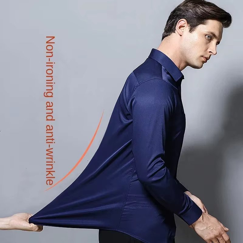Men's Long Sleeved Elastic Shirt Non Ironing Casual Business Dress Professional Work Attire Slim Fit Navy Office Menswear 100KG