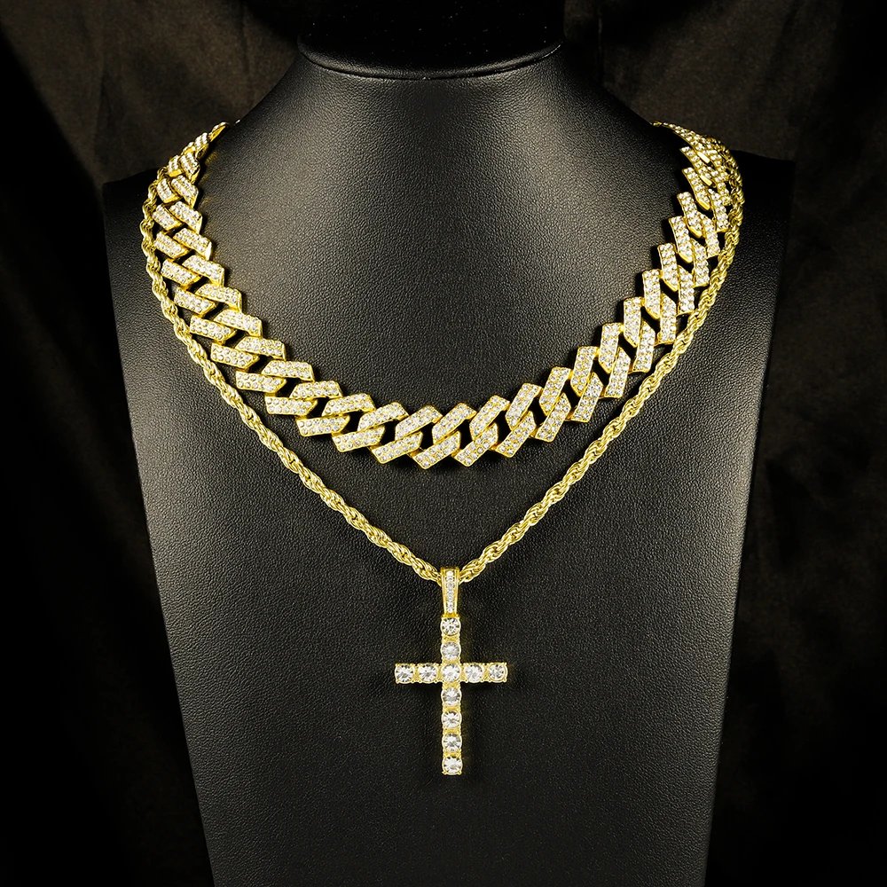 Stylish Hip-hop Punk Necklace Set Iced Out Inlay Diamonds Cross Jesus Pendant Cuban Chain Tennis Chain Men Women Jewelry Gift