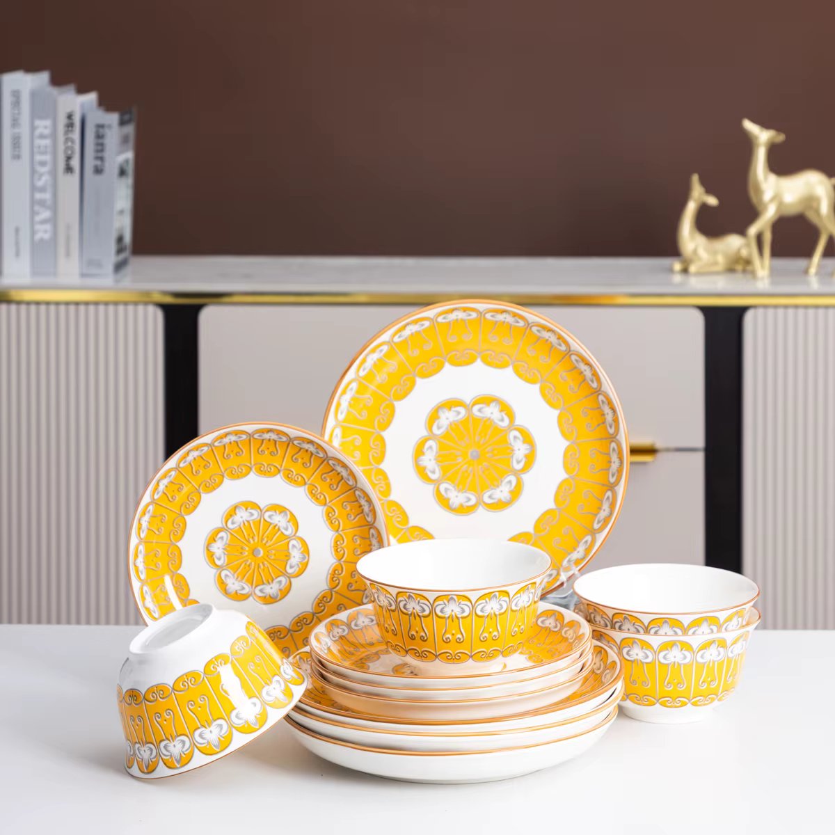 12-Piece Porcelain Dinnerware Set Full Set Yellow Ceramics Tableware with Bowl & Dinner Plate & Fruit Plate Christmas Gift