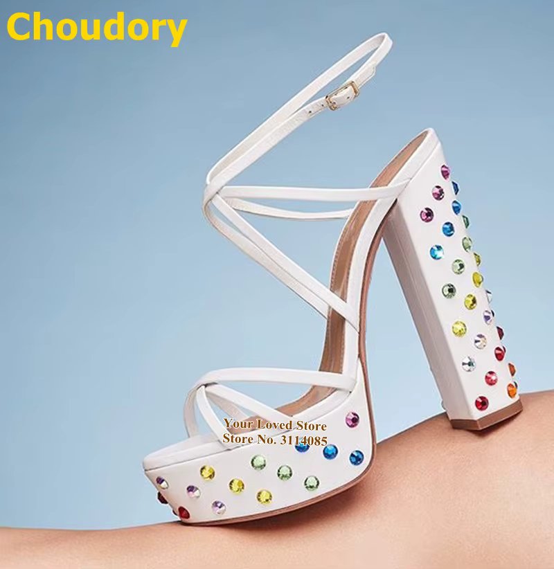 Choudory Multi-Color Bling Bling Crystal Sandals White Chunky Heels Platform Wedding Shoes Cross Strappy Rhinestone Dress Pumps
