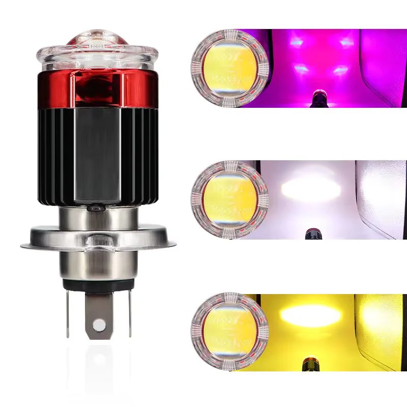 1Pc White Yellow Strobe Motorcycle Headlight 2 Color H4/H6 BA20D With Red Devil Eyes High/Low Beam Motorcycle Bulb For 4 Modes
