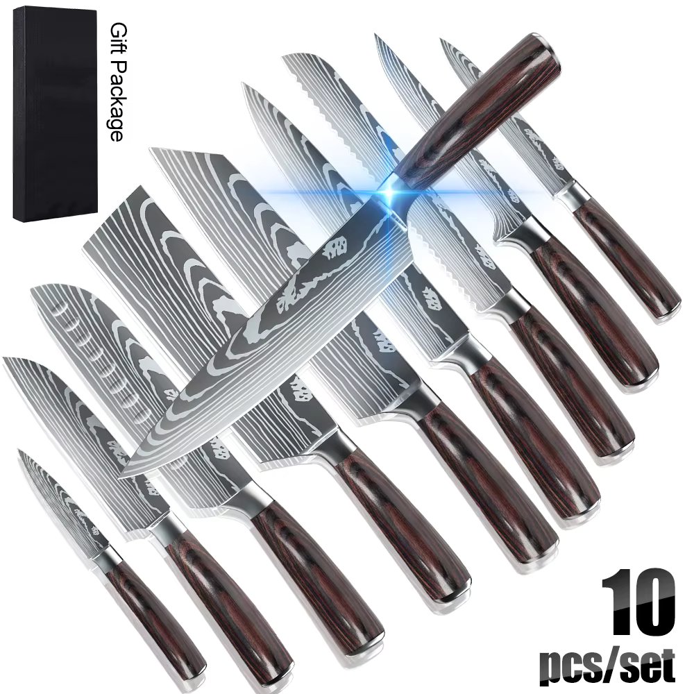 8/10pcs Gift Japanese Kitchen Knives Set Laser Damascus Pattern Chef Knife High Carbon Stainless Steel Sharp Fruit Slicing Knife