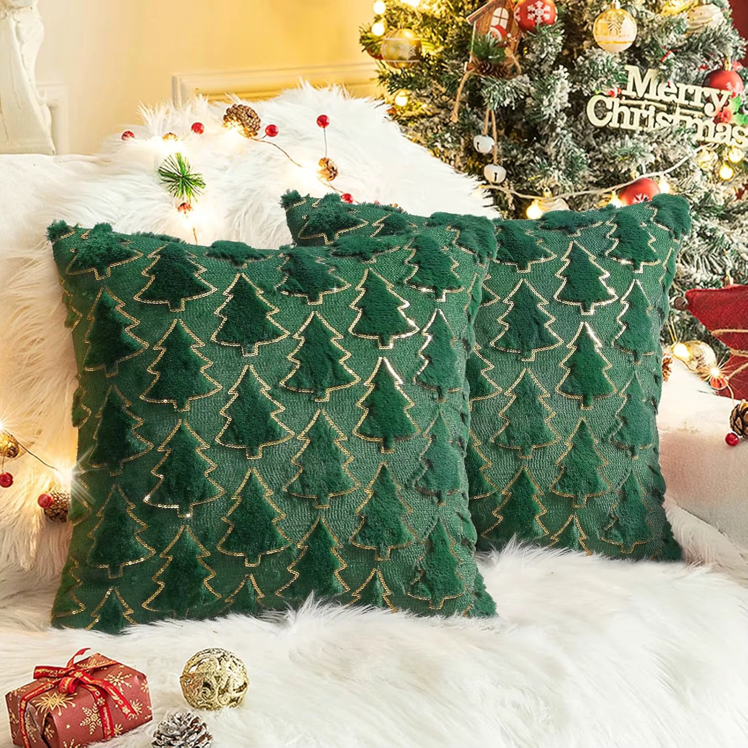 Christmas Throw Pillow Cover 18x18Inch Green Christmas Tree with Gold Sequins Winter Holiday Faux Fur Pillowcases Decor for Home