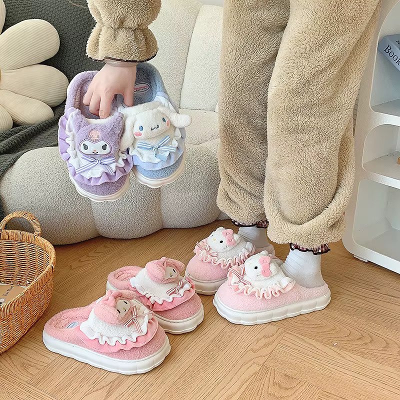 Sanrio Cinnamoroll Hello Kitty Kuromi Cotton Slippers Cartoon Cute Winter Indoor Home Slippers Thick Sole Keep Warm Cotton Shoe