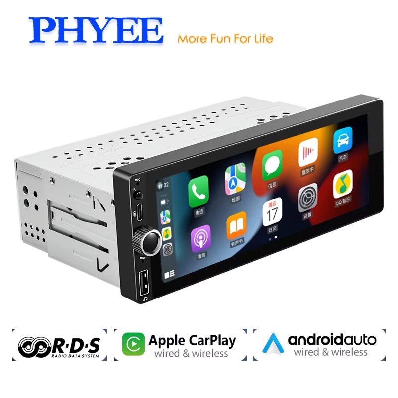1 Din Car Radio CarPlay Android-Auto Touch Screen Multimedia MP5 Player Bluetooth Handsfree 6.86" Audio System Head Unit F6021