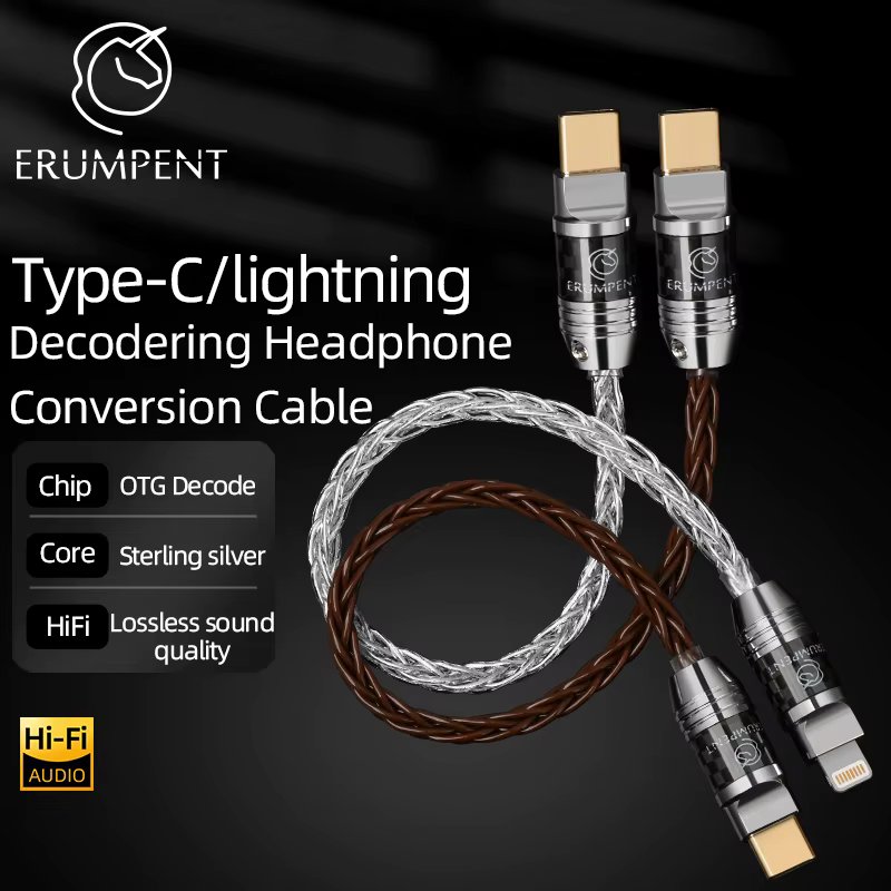 ERUMPENT 12cm Pure Silver OTG Adapter Cable Lightning to Type C HiFi Audio Cable Decoder Conversion Cable for Amp Phone DAC