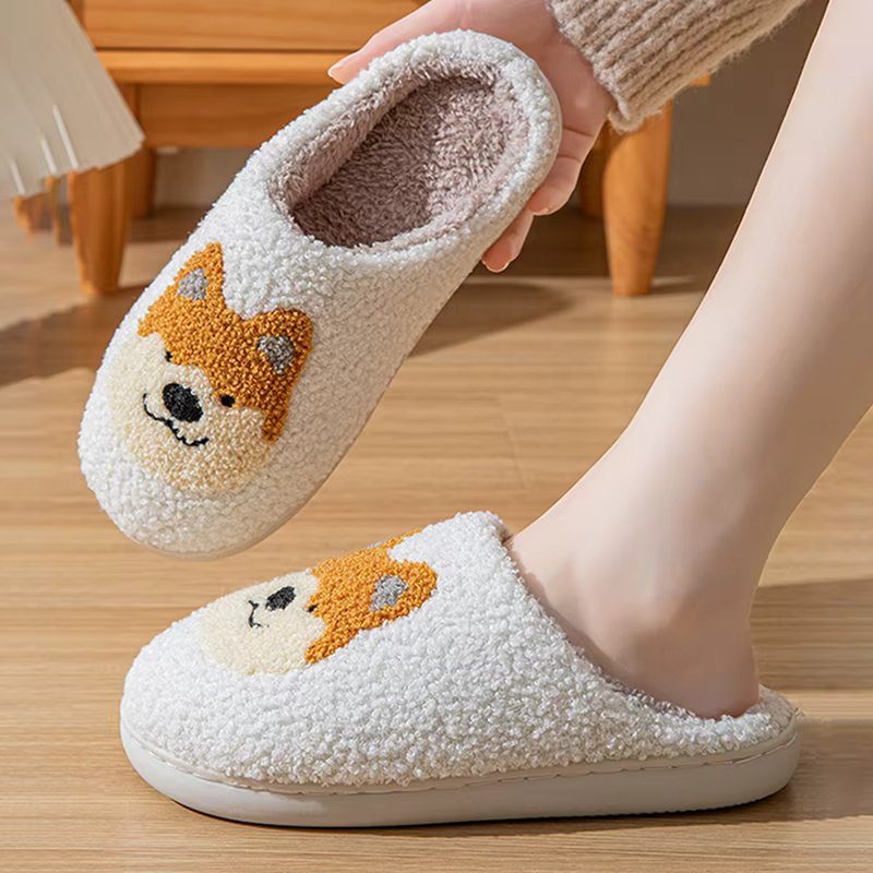 Shiba Inu Embroidery Plush Home Slippers Women Winter Thick Sole Furry Cotton Slippers Woman Warm Non-Slip Indoor Slides Shoes