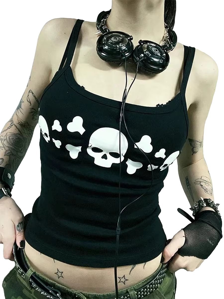 Women Goth Tank Tops Vintage Skull Print Backless Low Cut Camisoles Grunge Sleeveless  Fit Shirt Streetwear