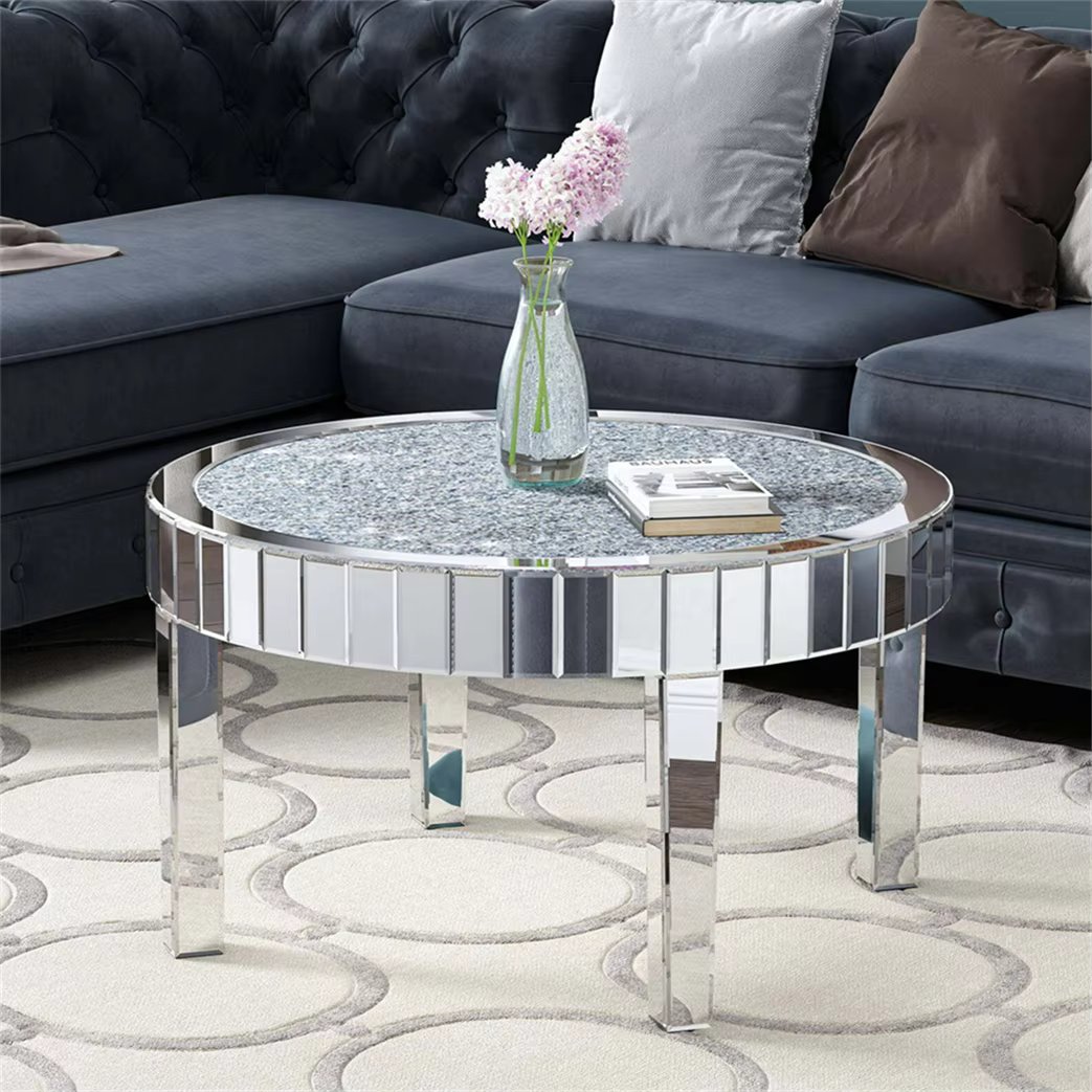 FATIVO Large Round Mirrored Coffee Table Beveled Bling Crushed Diamond End Table