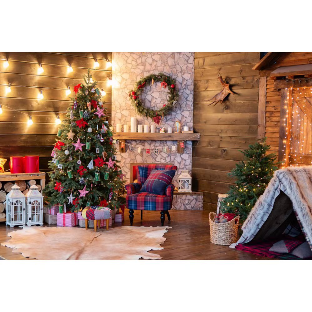MOON.QG Christmas Brick Fireplace Tree House Photocall Star Gift Children Photography Backdrop Photo Studio Background Supplies