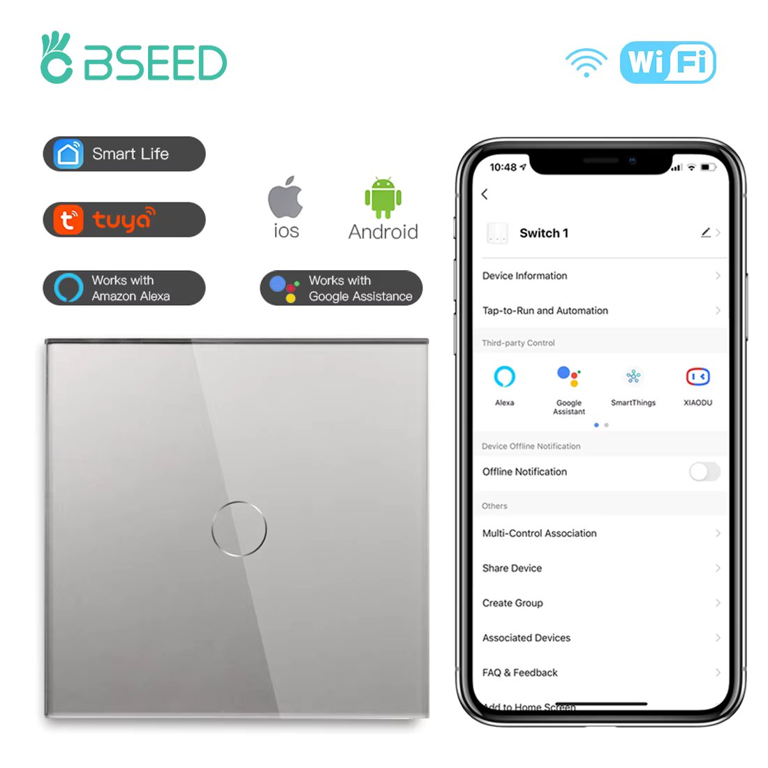BSEED  Wifi Smart Touch Switches 1/2/3Way For Stairs Plus Normal EU Wall Sockets Tuya Smart Life Alice App Control Gray Series