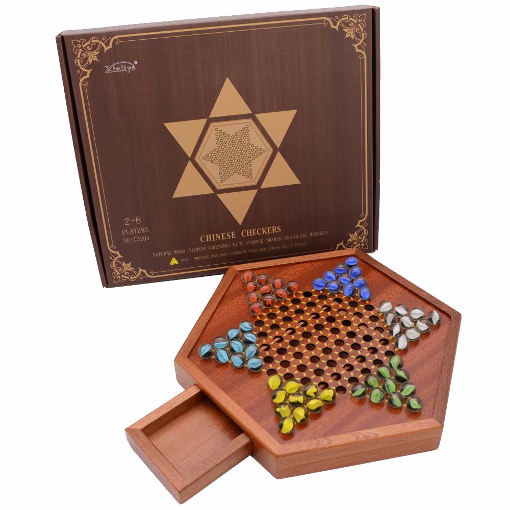Wooden Chinese Checkers Set with Storage Drawer Children Adults Wooden Chess Board Game Glass Marble Christmas Gift