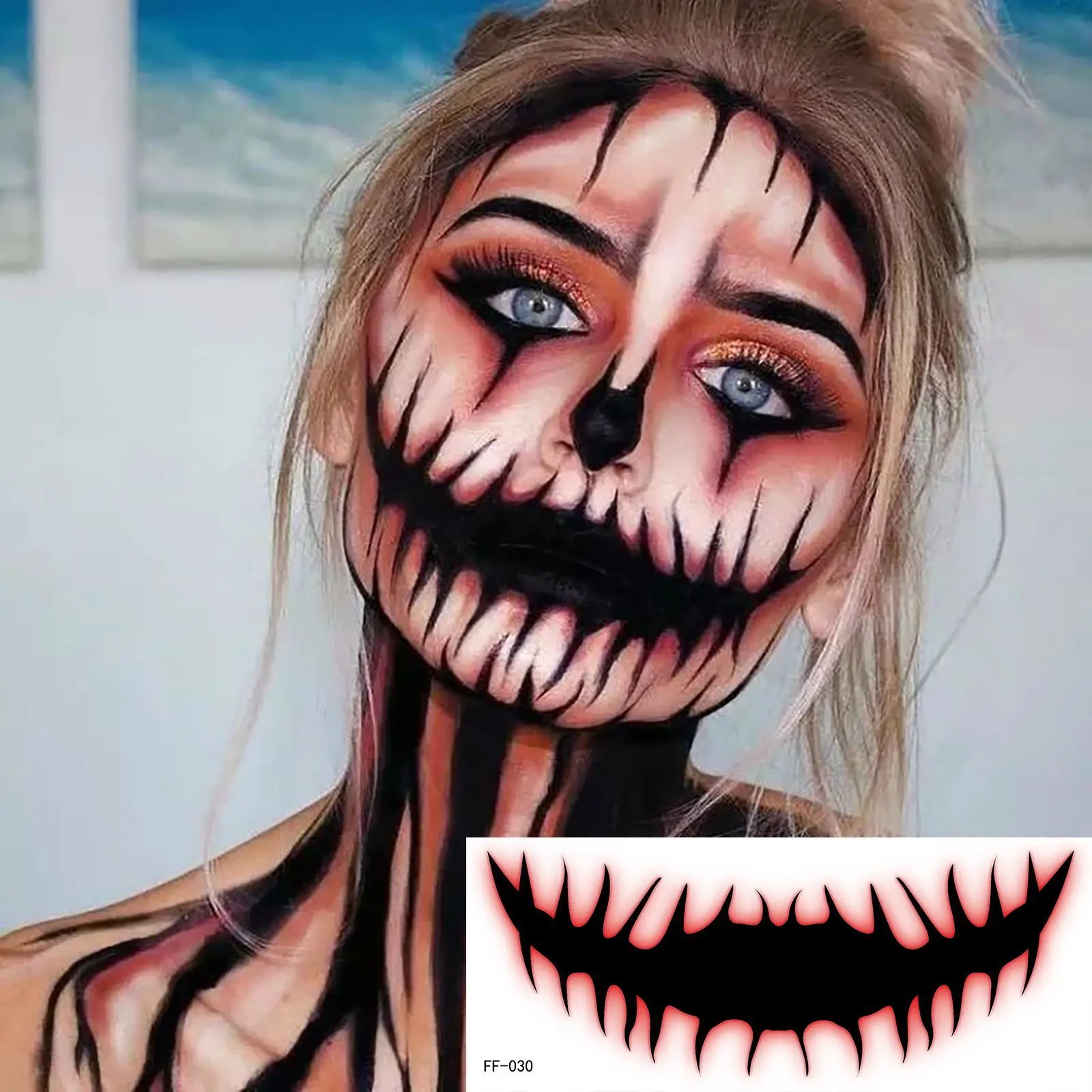 New Halloween Horror Big Mouth Face Tattoo Funny Diy Stickers Party Costume Scary Accessories Waterproof Tattoo For Men  Women G