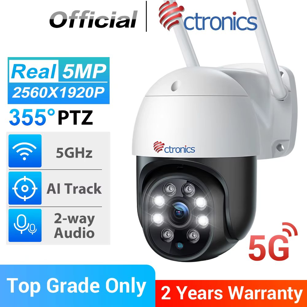 Ctronics 5MP 5G WiFi Surveillance Camera Outdoor 360 Human Detection Auto Tracking Security Camera Color Night Vision Onvif