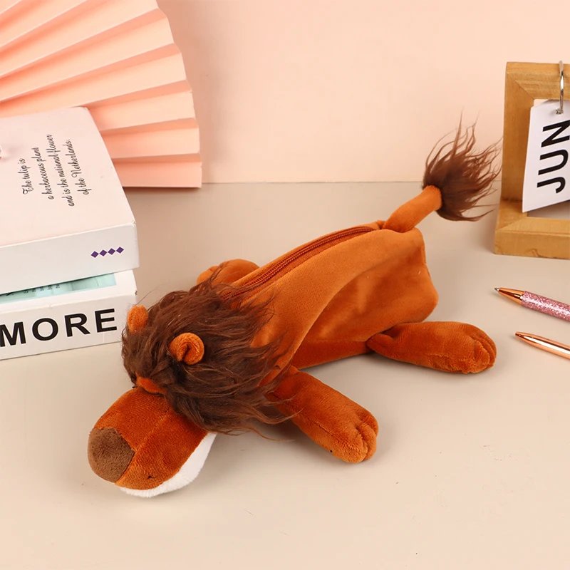 Cartoon Animal Pencil Case Lion Tiger Bear Plush Doll Pen Pouch Cosmetic Bag Desktop Storage Bag School Supplies Stationery Box