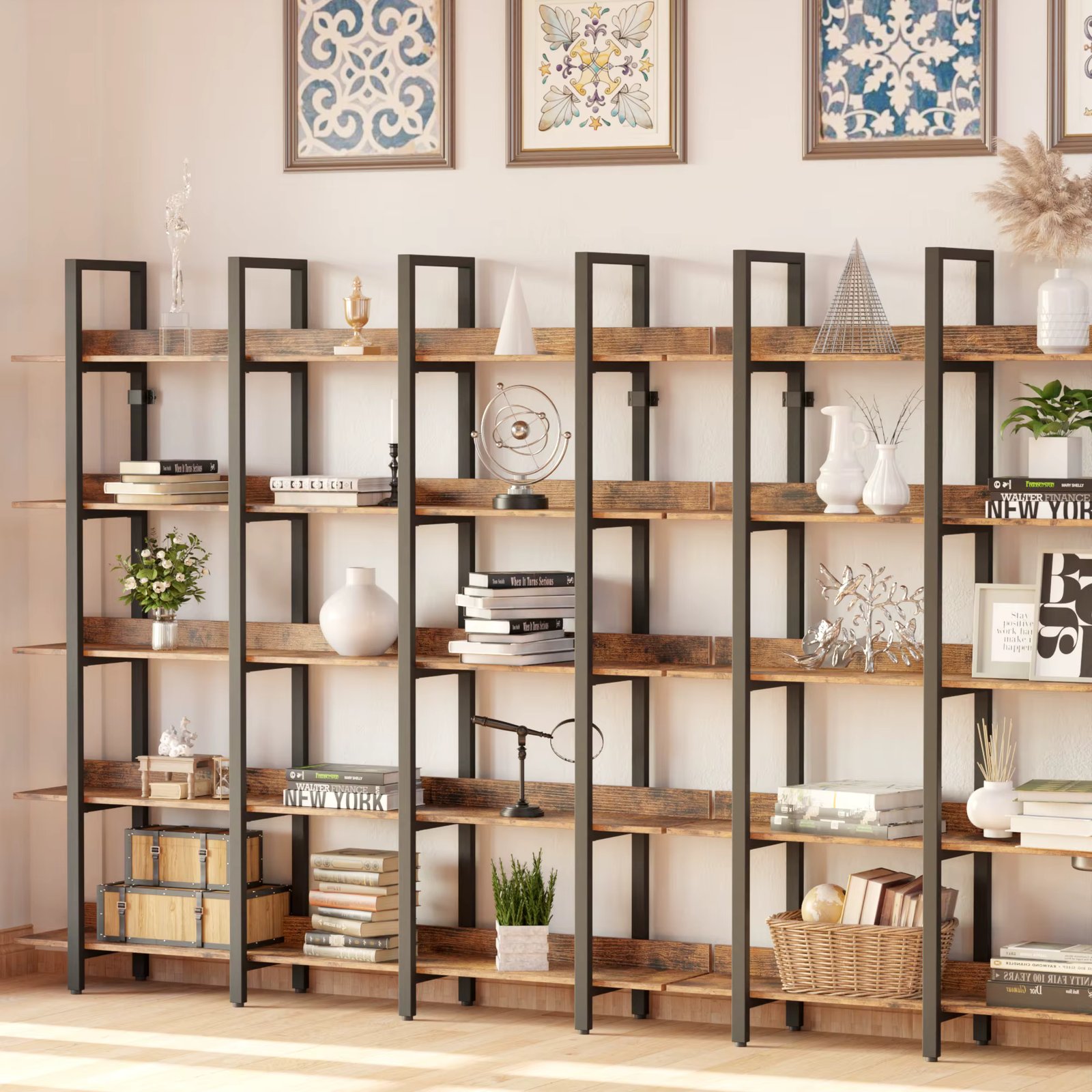 IRONCK Bookcase and Bookshelves Triple Wide 6-Tiers Large Open Shelves, Etagere Bookcases with Back Fence for Home Office Brown