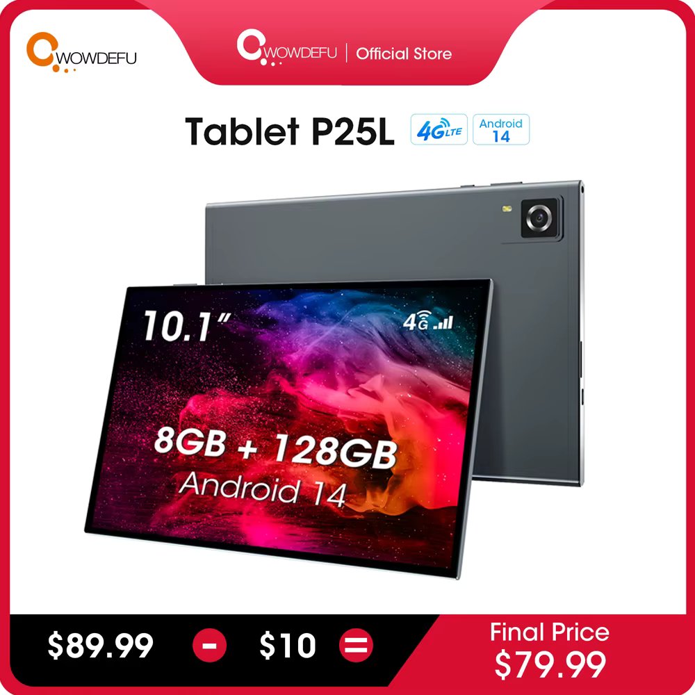 CWOWDEFU Android 14 Tablet 4G SIM Unlocked 10.1" HD+ 8-Core CPU 2.3GHz 8GB(4+4) 128GB 5G WiFi 5+8MP Cams 6000mAh GPS Kids Tablet