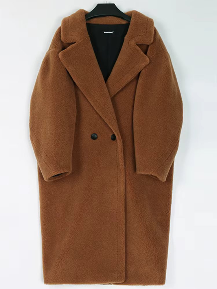 Nerazzurri Winter Long Oversized Teddy Coat Women Lapel Brown Thick Warm Sheep Wool Teddy Bear Jacket Women Plus Size Fashion