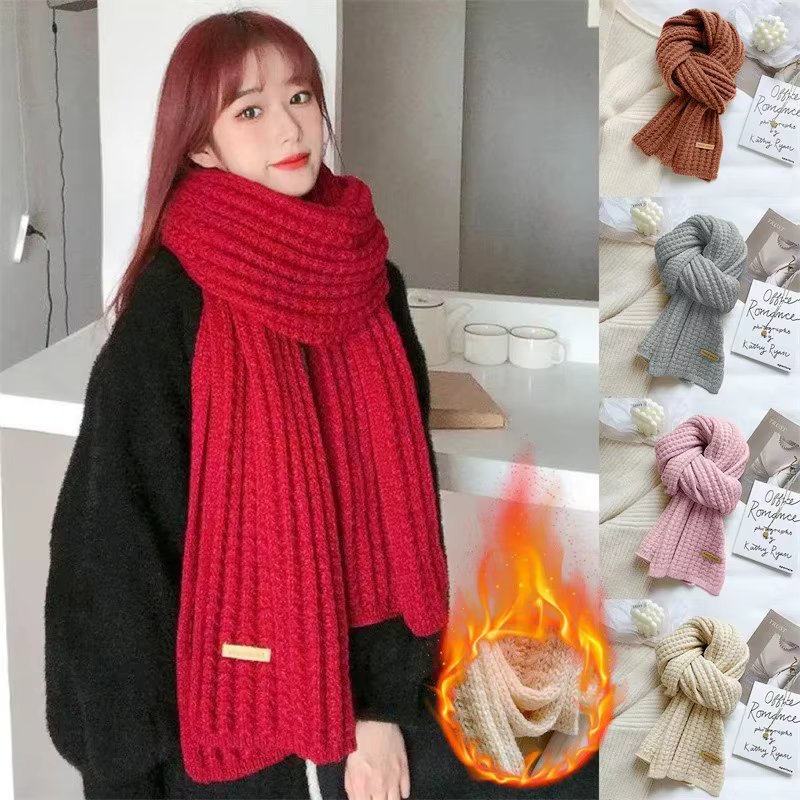 Winter Thickened Thermal Knitted Scarf for Women Men Solid Color Korean Warmer Long Size Scarve Christmas New Year Gifts Unisex