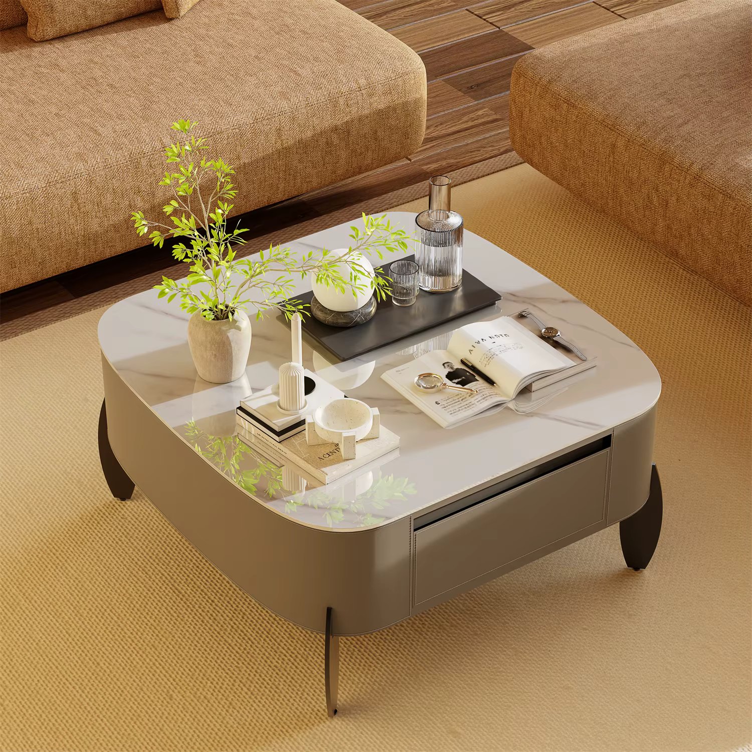 Modern Square Coffee Table for Living Room Office with 2 Storage Drawer Center Table Sintered Stone-top and Leather Cover