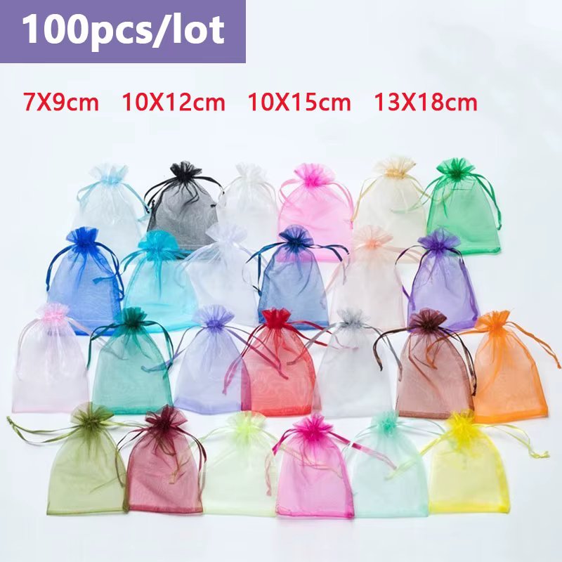 100PCS Drawable Party Supply Christmas Favor Jewelry Packing Pouches Drawstring Pocket Organza Gauze Sachet Gift Bags