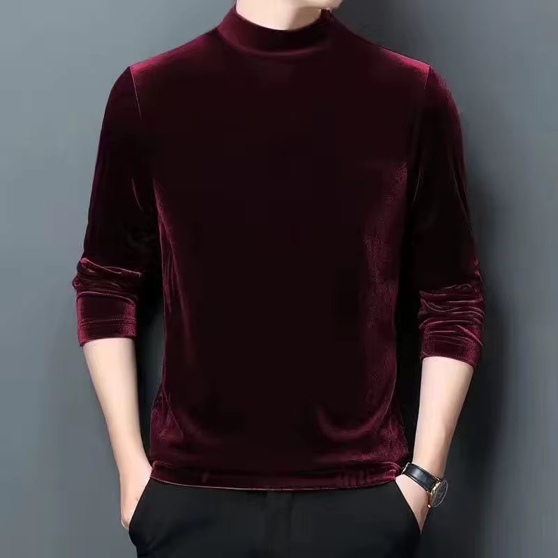 Gold Velvet Tshirt Men's Base Shirt Fleece Long Sleeve Shirt Half Turtleneck Pullover Men's Warm Top Thicken Oversized T Shirt