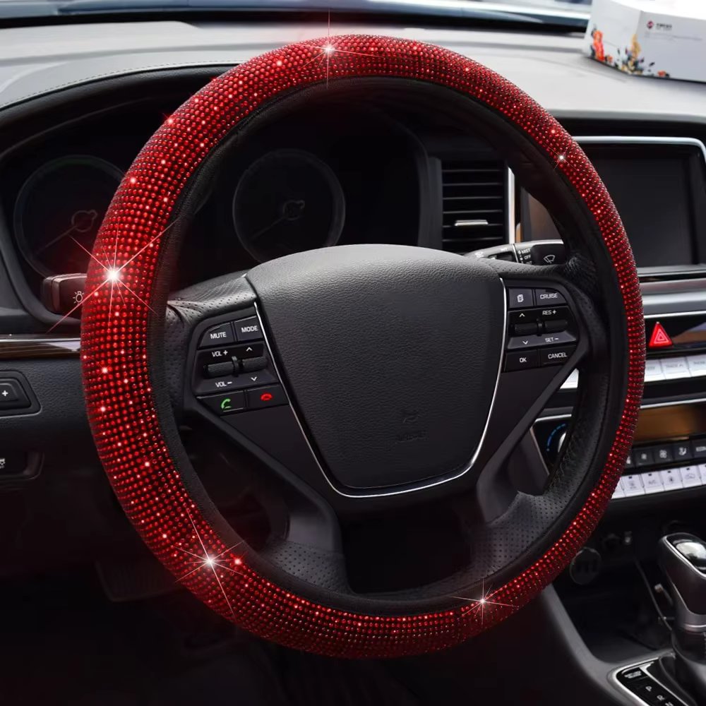 38cm Universal Car SUV Breathable Anti-Slip Bling Rhinestones Steering Wheel Cover for Women Girl with Crystal Diamond Sparkling