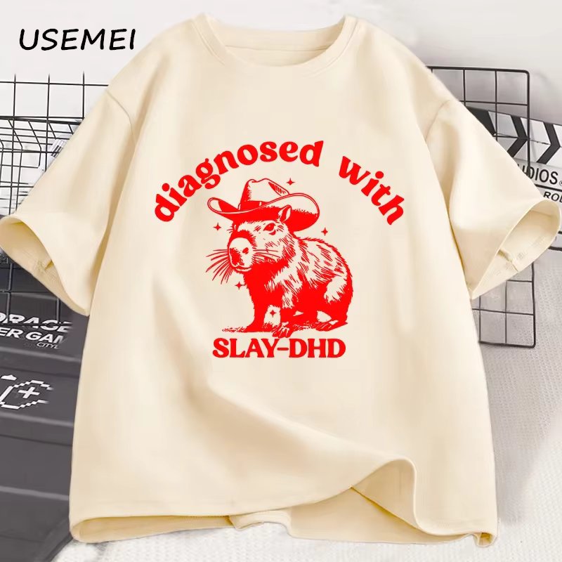 Retro Diagnosed with Slay DHD T-shirts Men Casual Oversized Graphic T Shirts Loose Cotton Tee Clothes Streetwear Harajuku Tshirt
