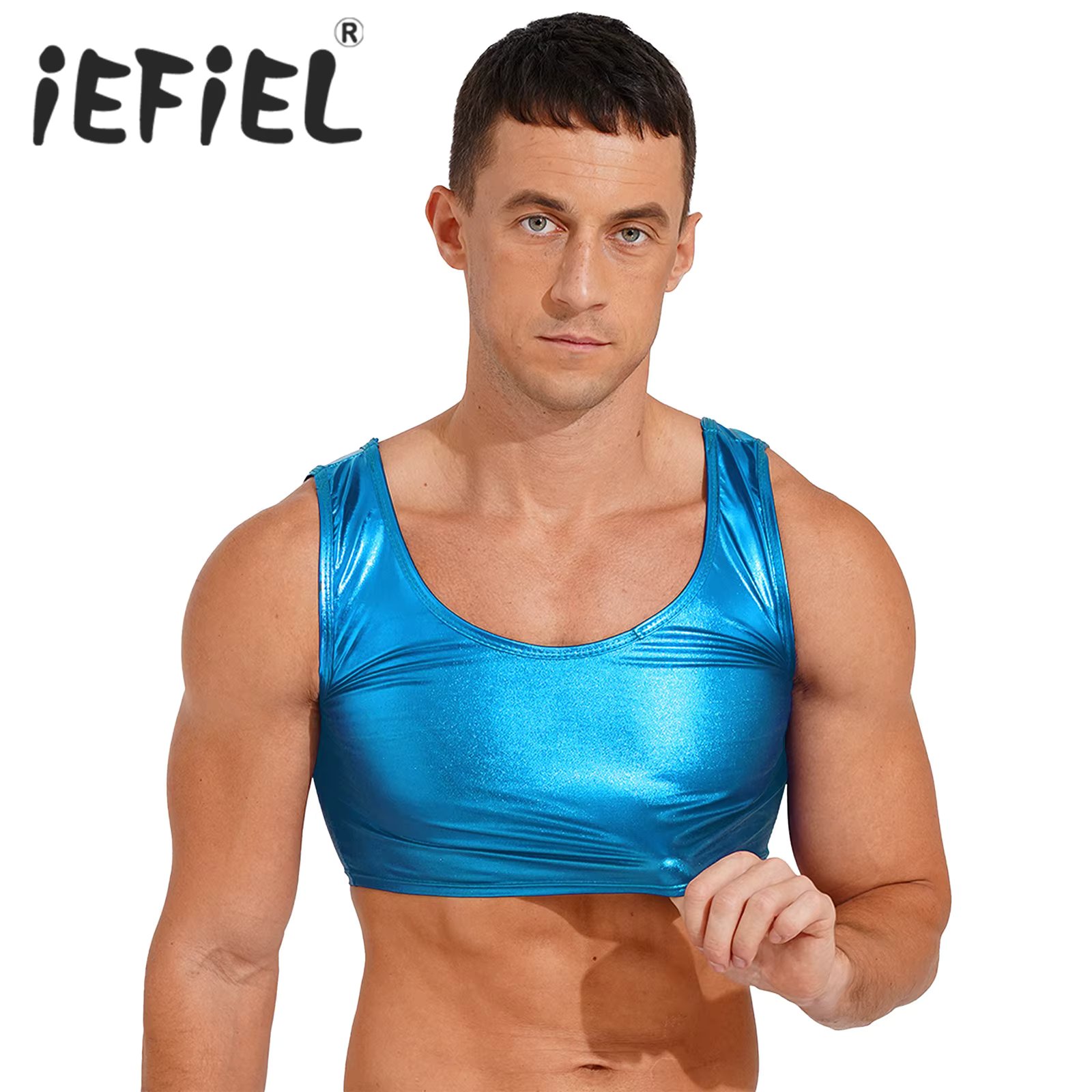 Mens Glossy Crop Tops Shiny Metallic Scoop Neck Tanks Sleeveless Vest Tank Top for Party Clubwear Pole Dancing Stage Costumes