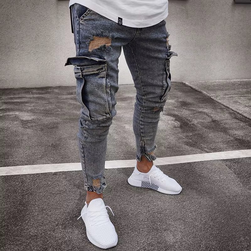Street Elastic Jeans Men Denim Cargo Pants Wash Solid Color Multi Pockets Casual Mid Waist Trousers Slim Fit Daily Wear Joggers
