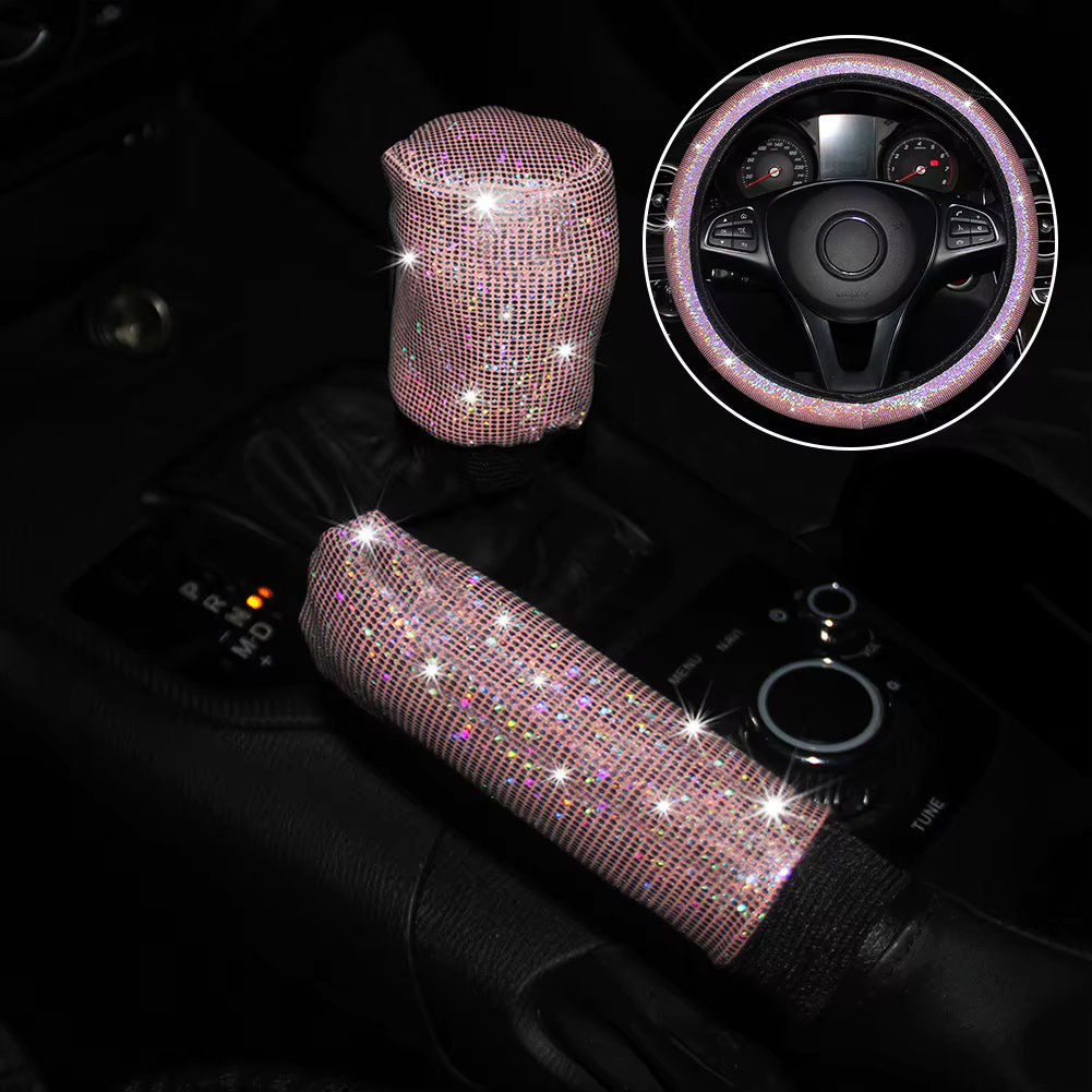 3Pcs Car Steering Wheel Cover Pink Bling Glitter Handbrake Gear Cover Auto Interior Steering Wheel Covers 37-38cm