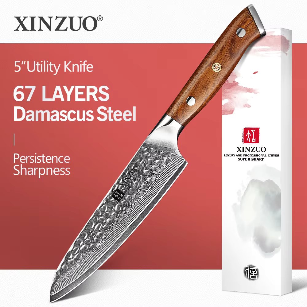 XINZUO 5" Utility Knife Damascus Steel Kitchen Knife Stainless Steel Chef Cleaver Peeler Fruit Meat Cleaver Knife