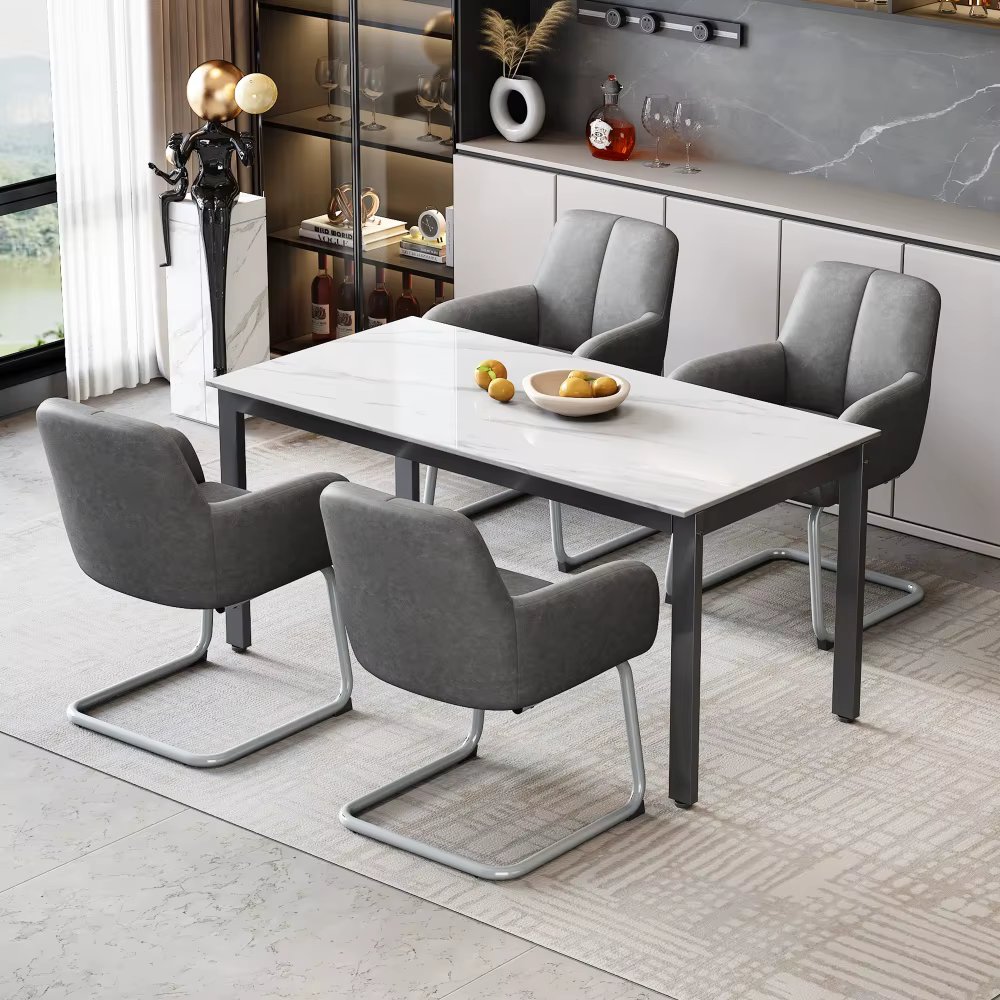 Modern Minimalist Leisure Chair with Arched Steel Feet in Grey 4 Set Dining Chairs