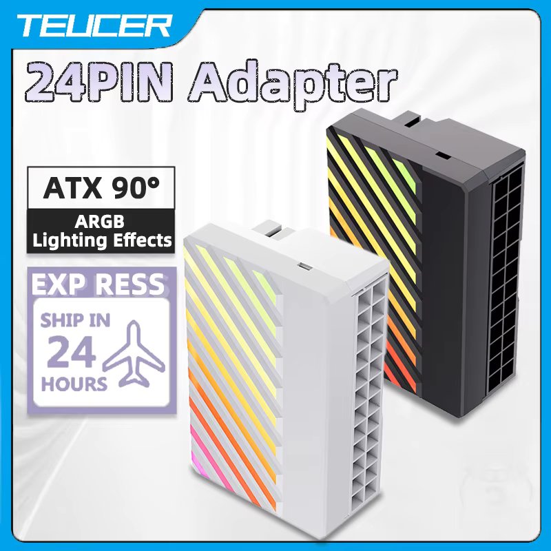 TEUCER 24P-6 ATX 24 Pin to 90 Degree Power Plug Adapter 5V/3Pin ARGB Plug Adapter Modular DIY Mounting Accessessory