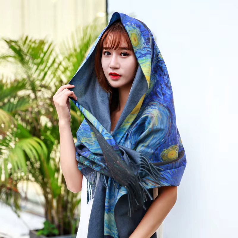 Winter Women's Scarf Luxury Design Double sided Oil Painting Imitation Cashmere Scarf Warm Scarf Shawl