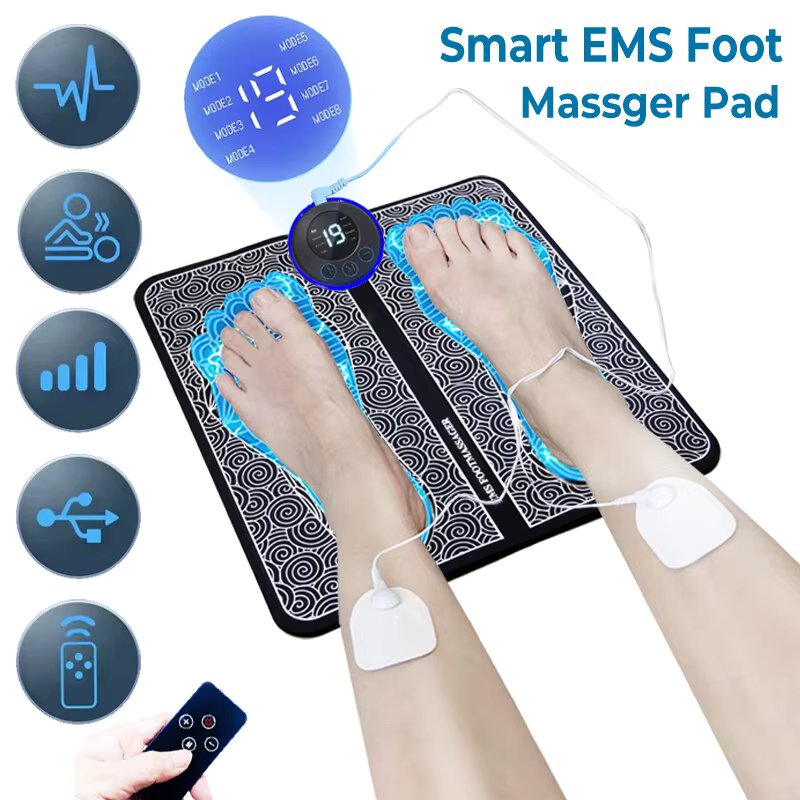 Electric EMS Foot Massager Pad Relax Feet Leg Muscle Massager Matt Shock With Remote and Pads