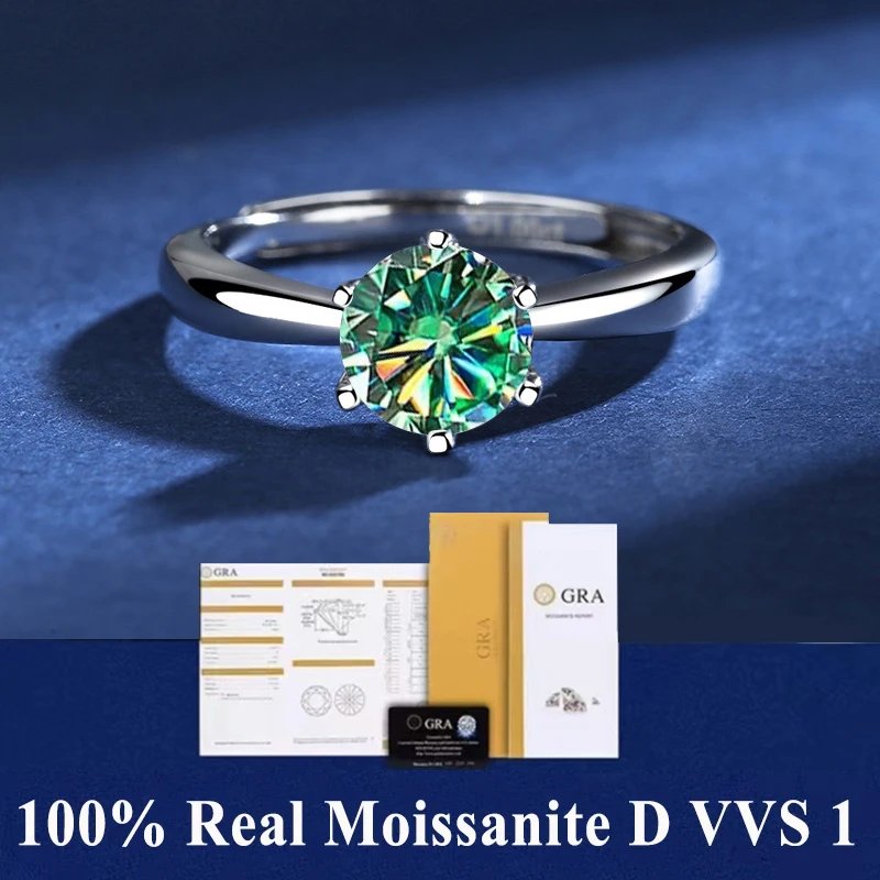 Real Moissanite 6 Prong Ring D VVS1 Pass Diamond Test Pen Adjustable Size S925 Sliver GRA Certificate Wedding Rings for Women