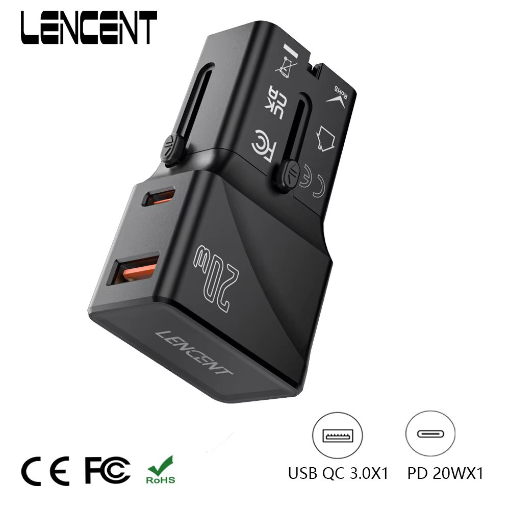 LENCENT Universal Travel Adapter With1 USB QC 3.0 Port and 1 PD 20W Type C Fast Charger Power Adapter for US EU UK AUS Travel