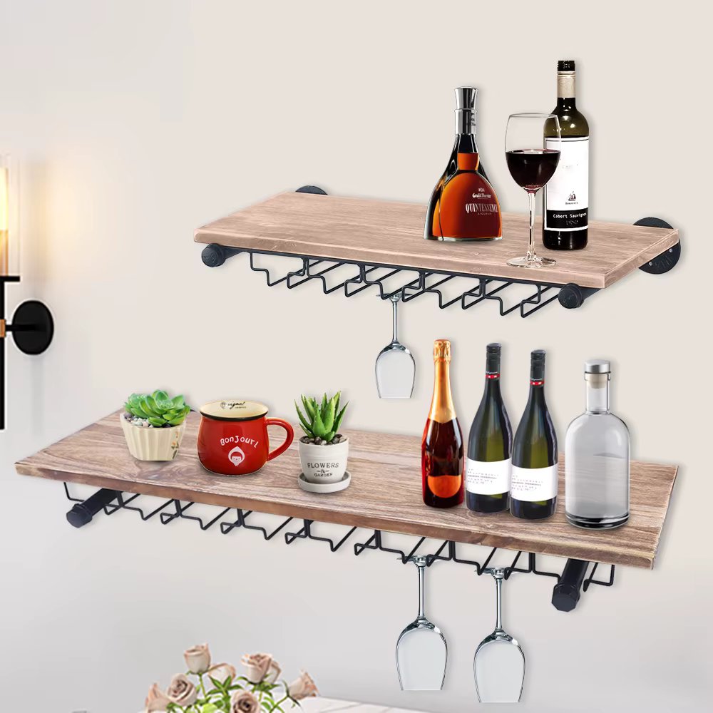 Industrial Pipe Shelving Hanging Racks Rustic Wall Mounted Wine Rack w/Glass Holder Steampunk Iron Floating Bar Shelves